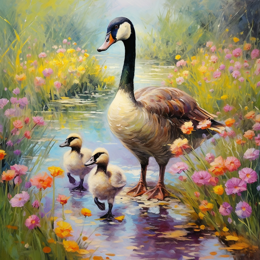 Goslings And Mother Goose By The Flowers Diamond Art Kit