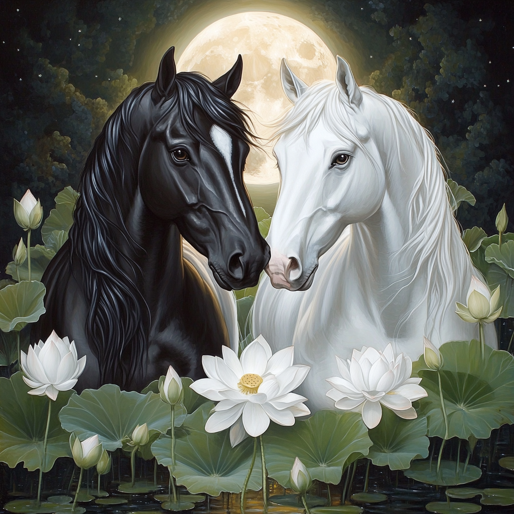 White Lotus Black White Horse Diamond Art Kit