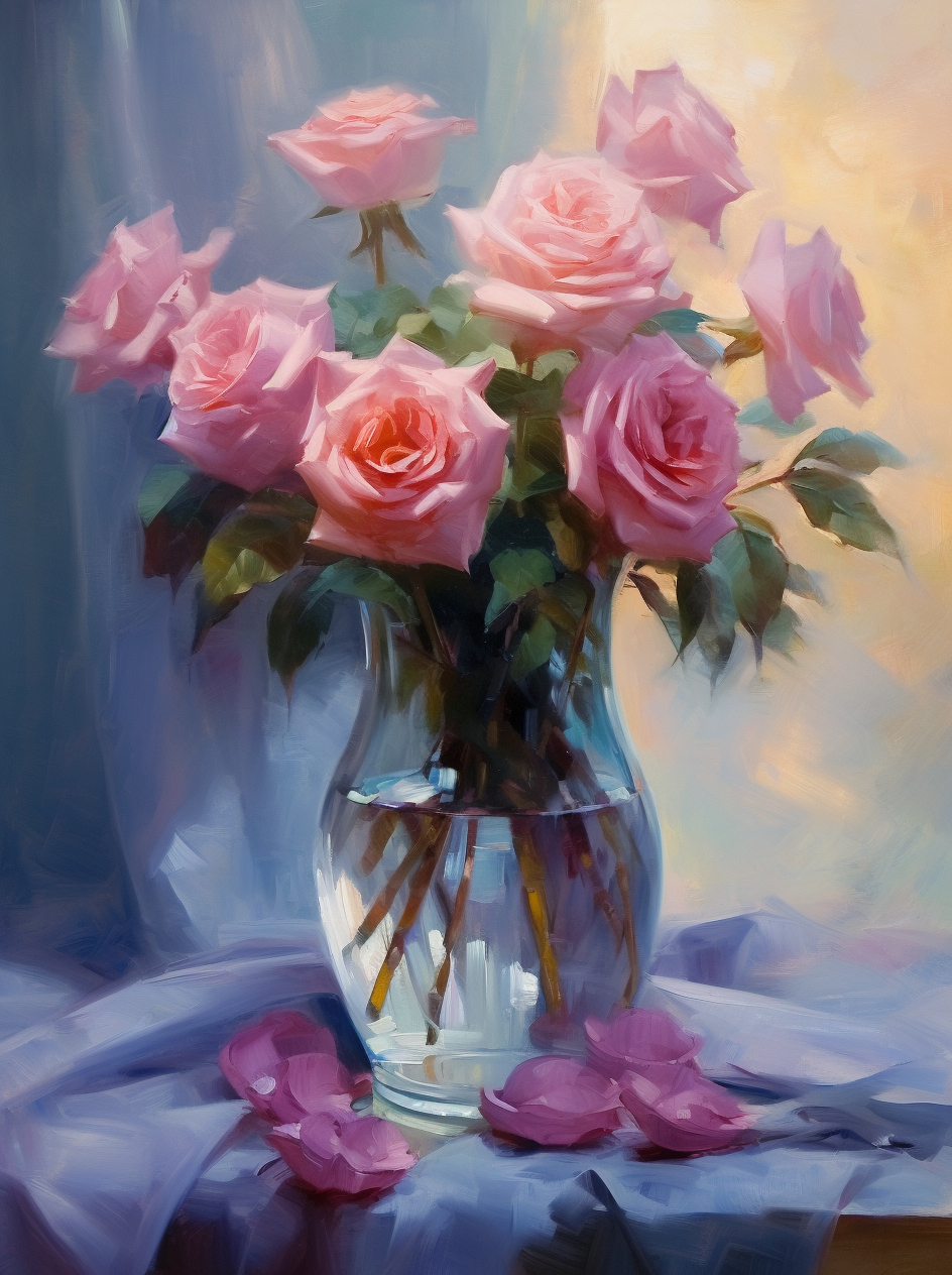 Glass Vase Of Roses On A Table Diamond Art Kit