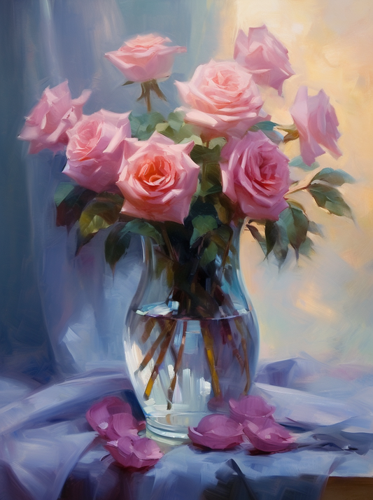 Glass Vase Of Roses On A Table Diamond Art Kit