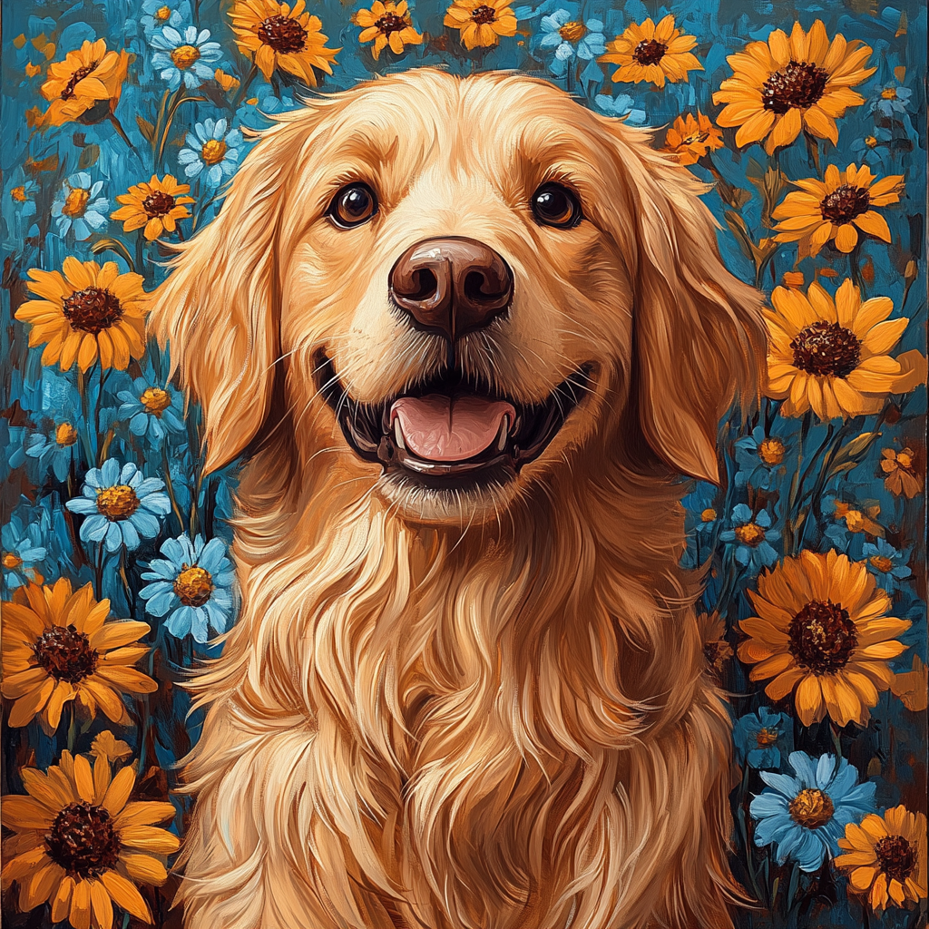 Orange Blue Flower Golden Retriever Diamond Art Kit