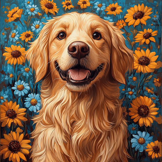 Orange Blue Flower Golden Retriever Diamond Art Kit