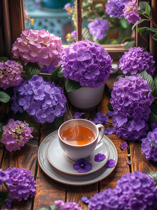 Purple Flowers And Tea Diamond Art Kit