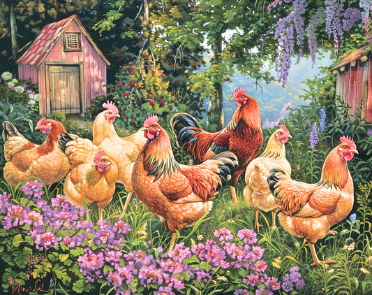 Roosters In The Garden Flowers Diamond Art Kit