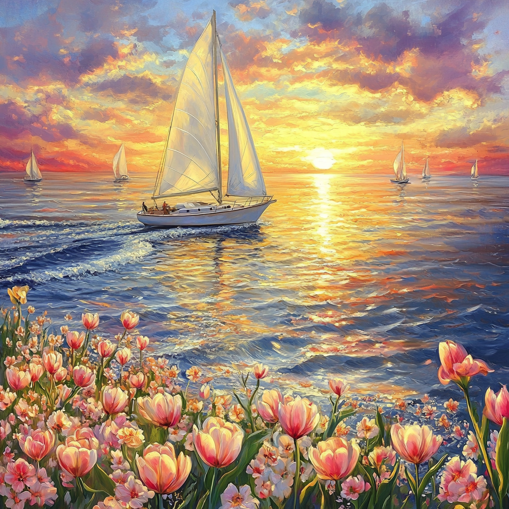 Pink Flower Sailboat Sunset Diamond Art Kit