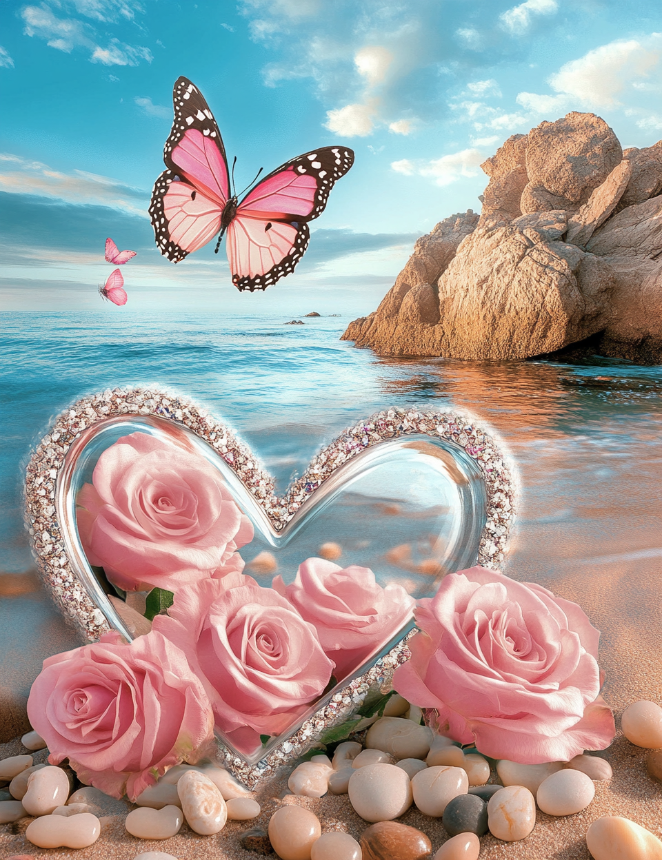 Pink Roses On The Beach Diamond Art Kit
