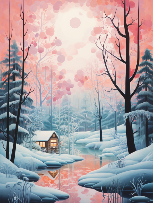 Abstract Pink Sky Cabin In The Snow Diamond Art Kit