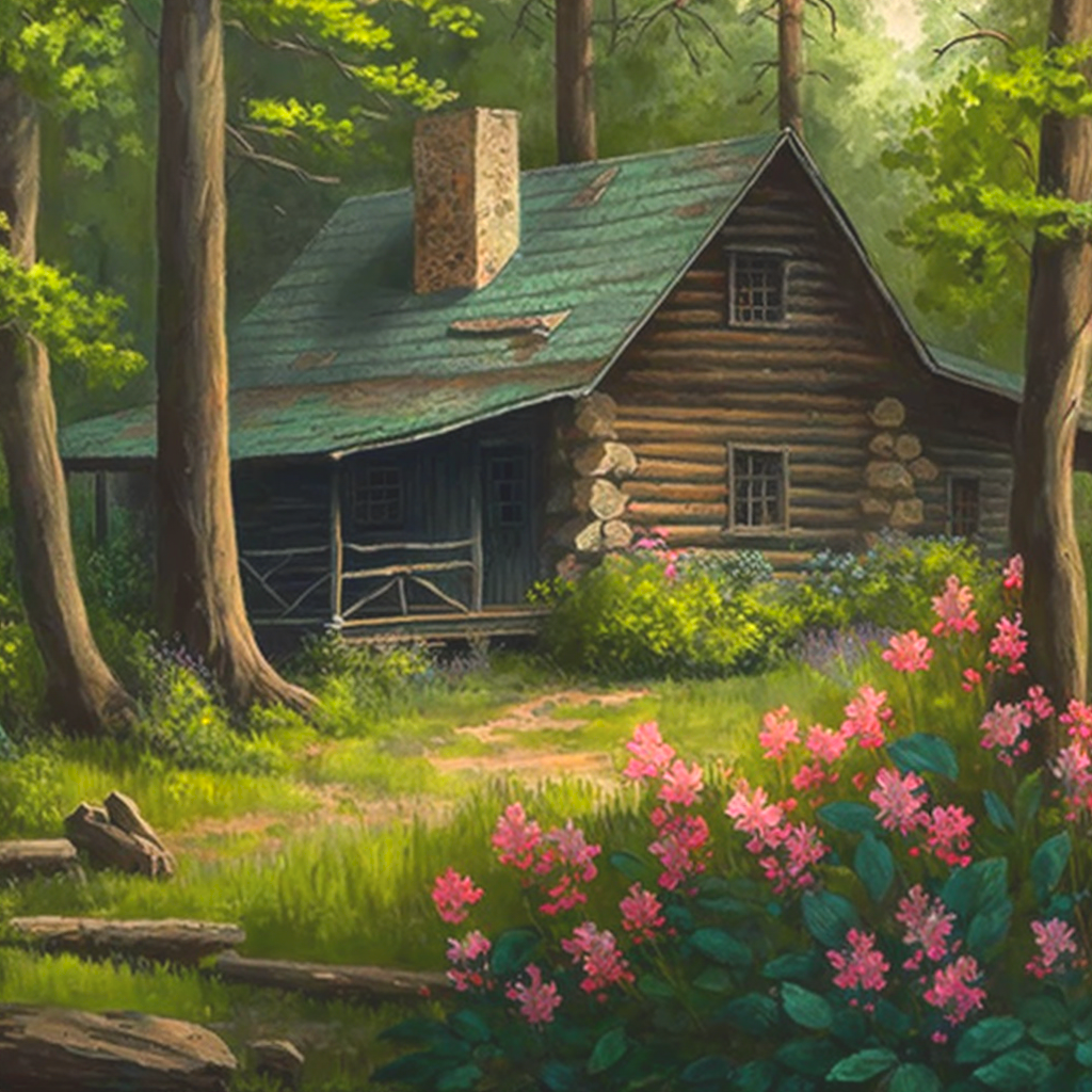 Log Cabin Pink Flowers Diamond Art Kit