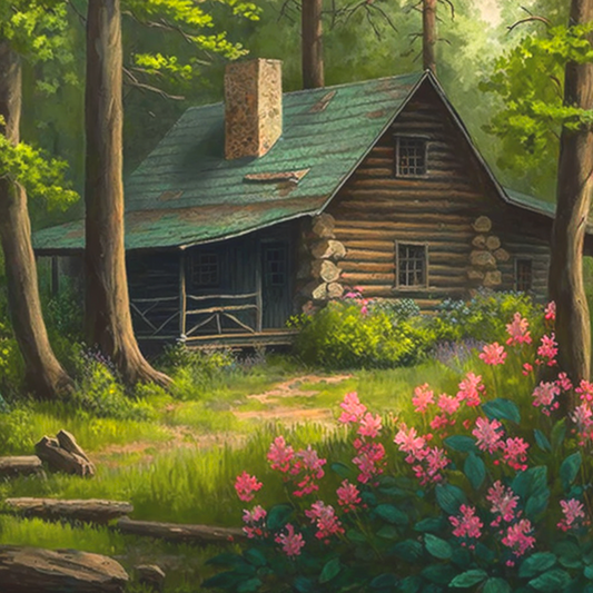 Log Cabin Pink Flowers Diamond Art Kit