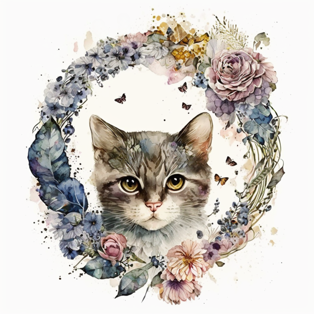 Flower Wreath Kitten Watercolor Diamond Art Kit