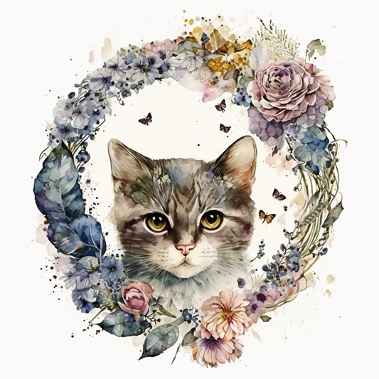 Flower Wreath Kitten Watercolor Diamond Art Kit