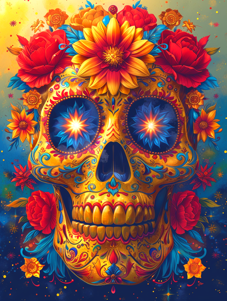 Golden Skull And Flowers Diamond Art Kit