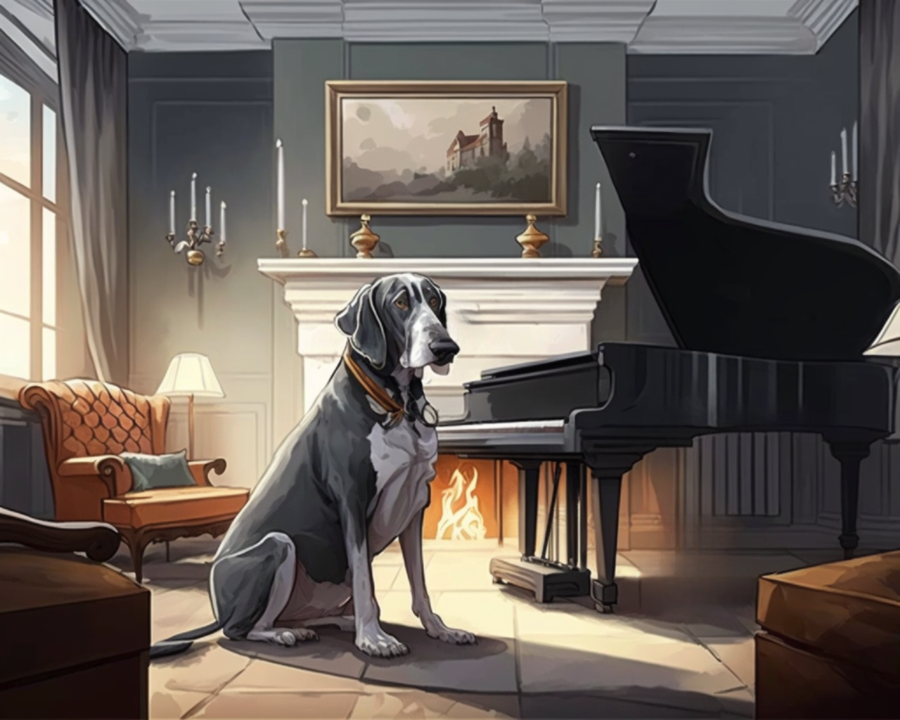 Gray Dog Grand Piano Diamond Art Kit