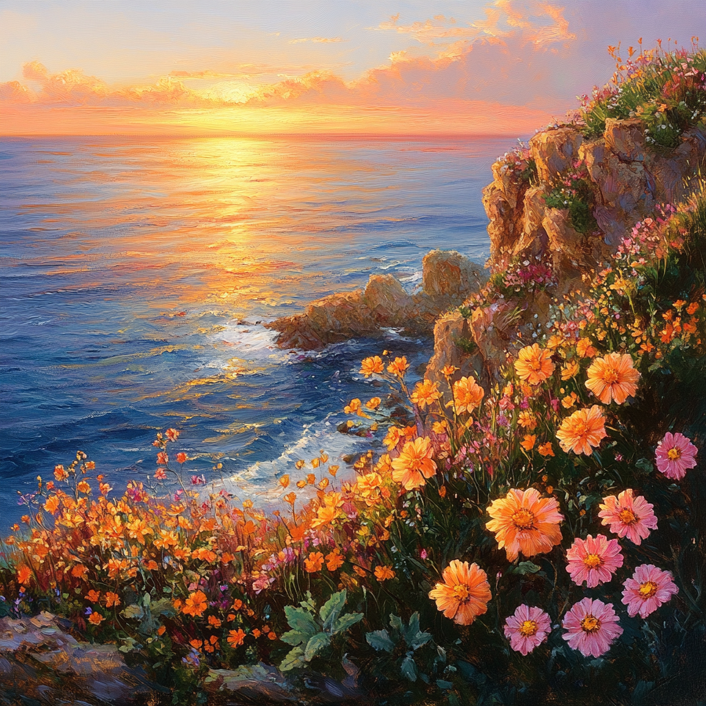 Pink Orange Flowers By The Sea Diamond Art Kit
