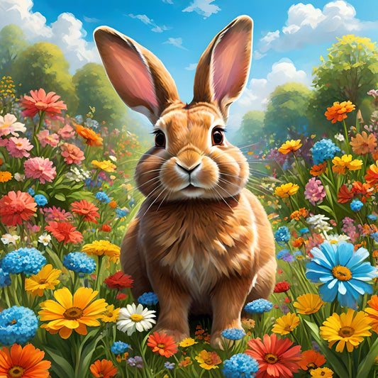 Colorful Flowers And Brown Rabbit Diamond Art Kit
