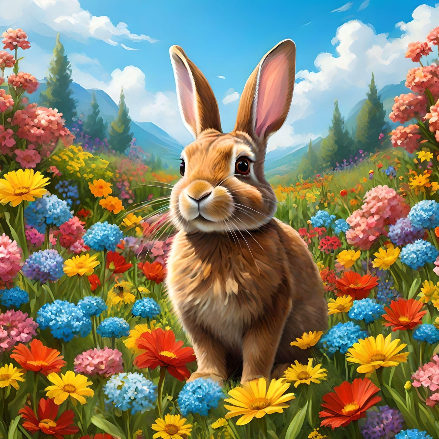 Brown Rabbit In Colorful Flowers Diamond Art Kit