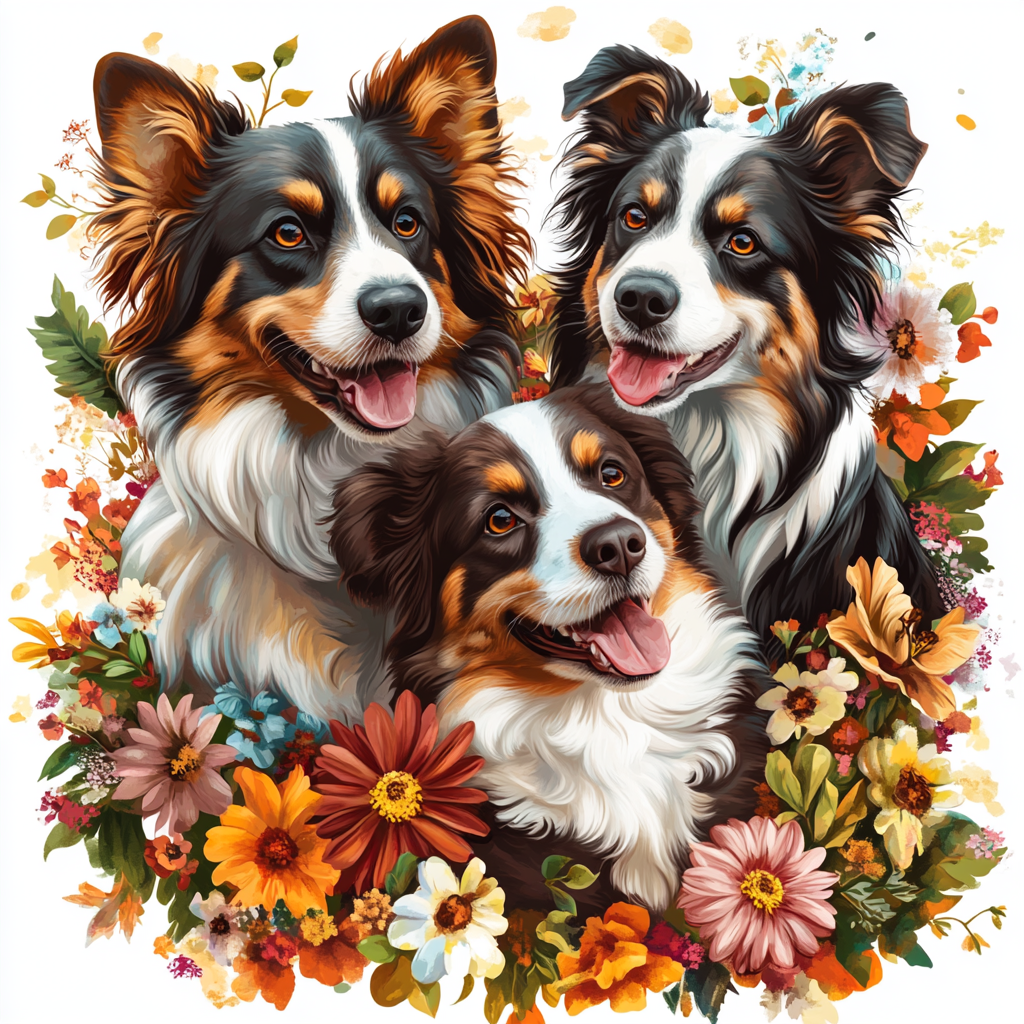 Three Happy Australian Shepherds Flowers Diamond Art Kit