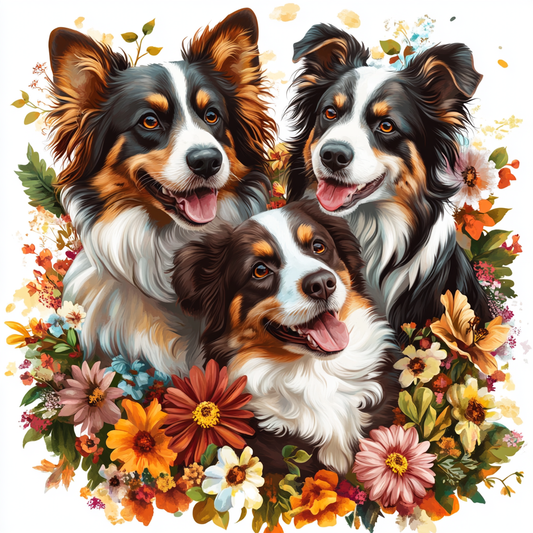 Three Happy Australian Shepherds Flowers Diamond Art Kit