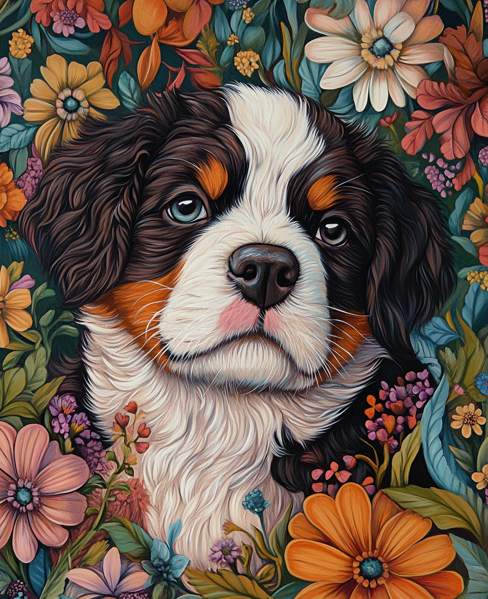 St Bernard Puppy In Flowers Diamond Art Kit