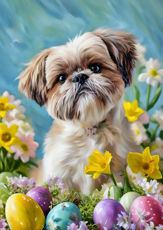 Shih Tzu Flowers And Easter Eggs Diamond Art Kit