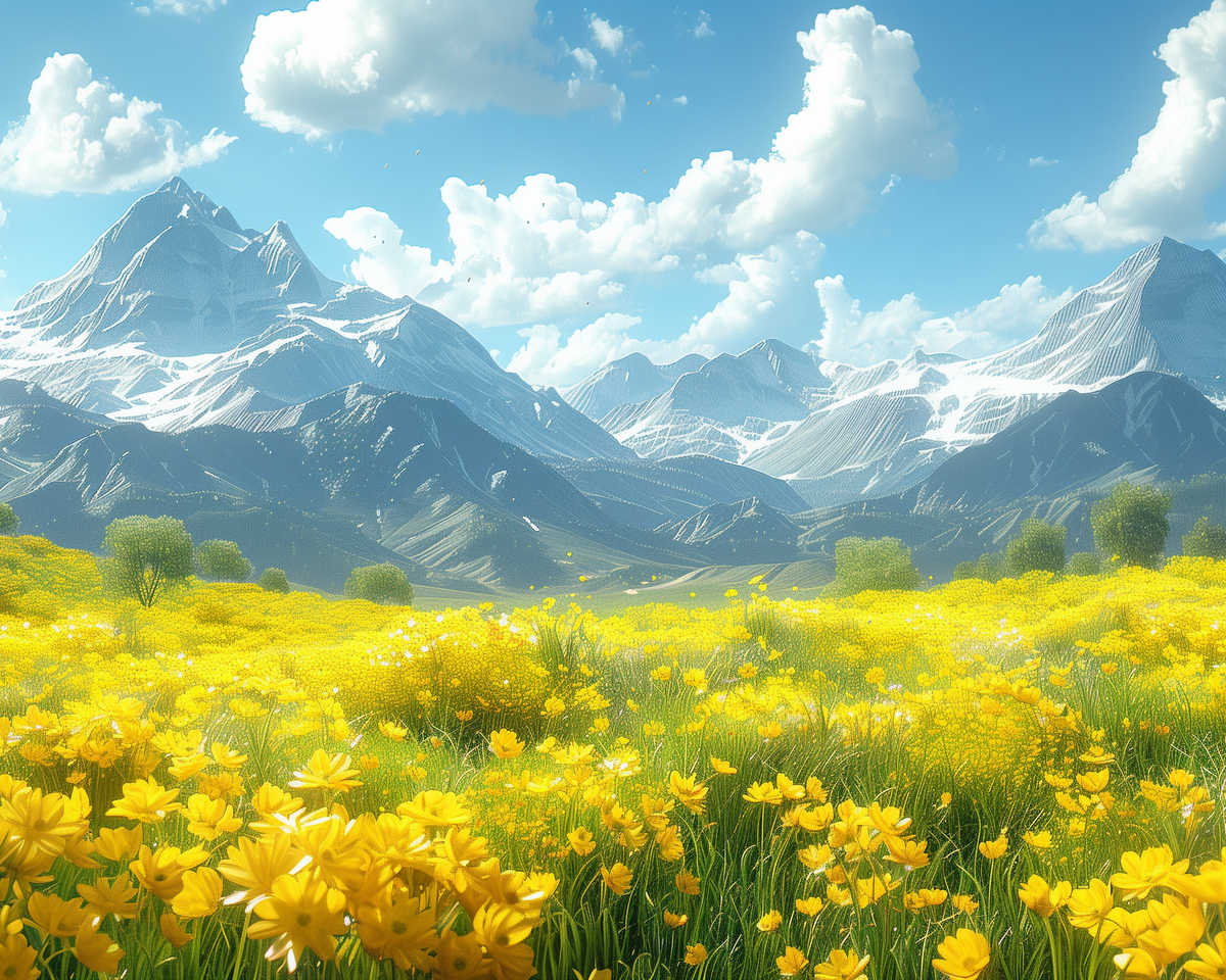Yellow Flower Meadow And Mountains Diamond Art Kit