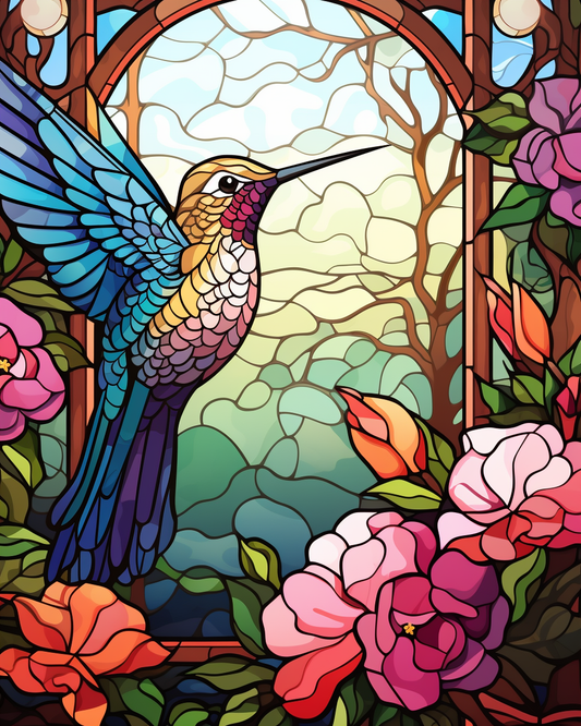 Colorful Flower Abstract Hummingbird Diamond Art Kit