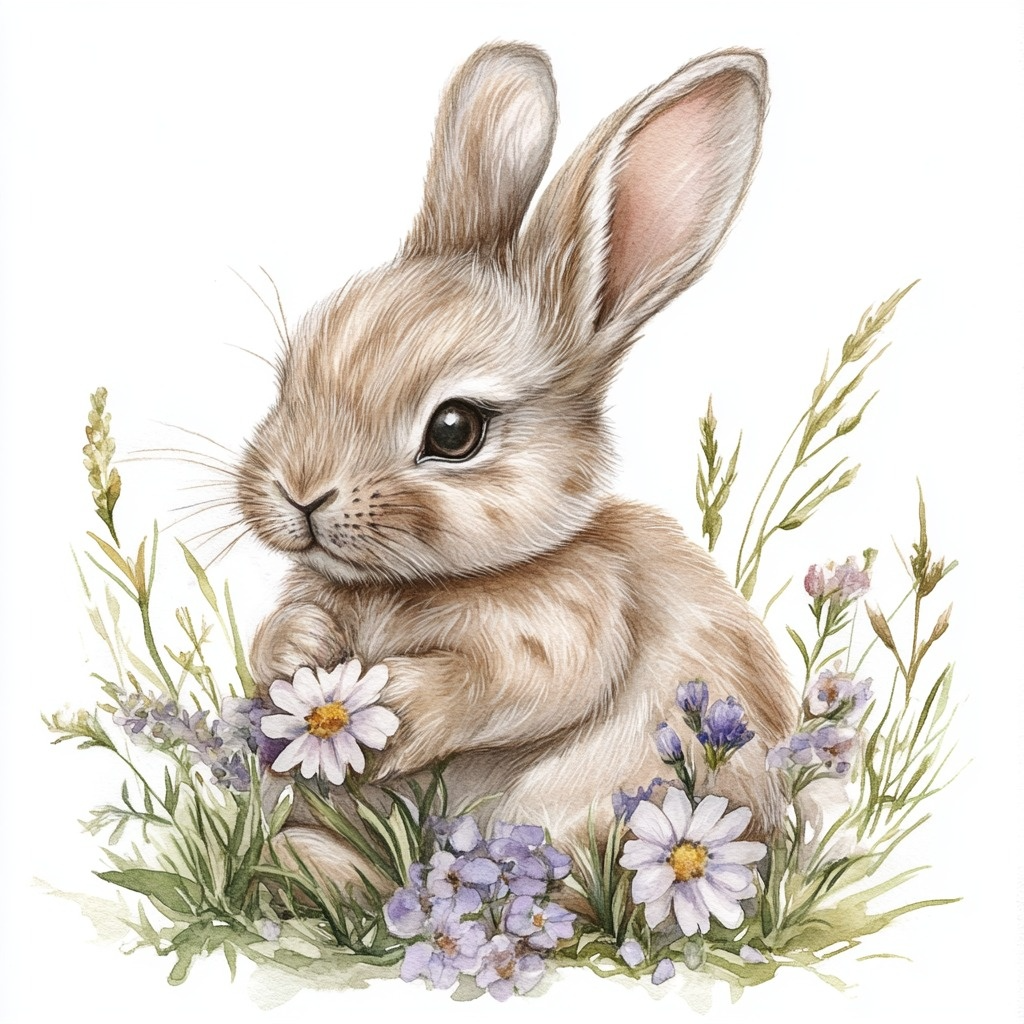 Watercolor Bunny Purple Flowers Diamond Art Kit