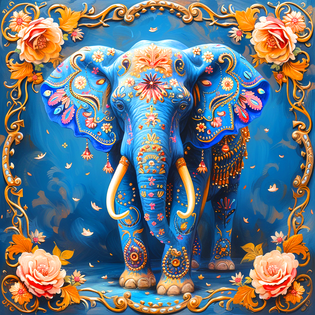 Blue Elephant And Roses Diamond Art Kit