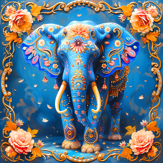 Blue Elephant And Roses Diamond Art Kit