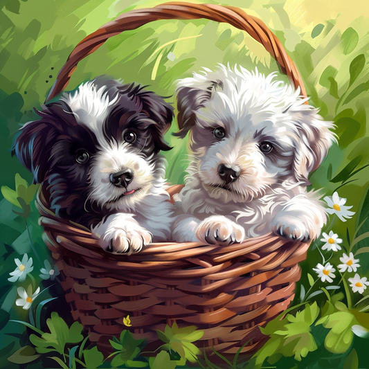 Puppies In A Brown Basket Diamond Art Kit