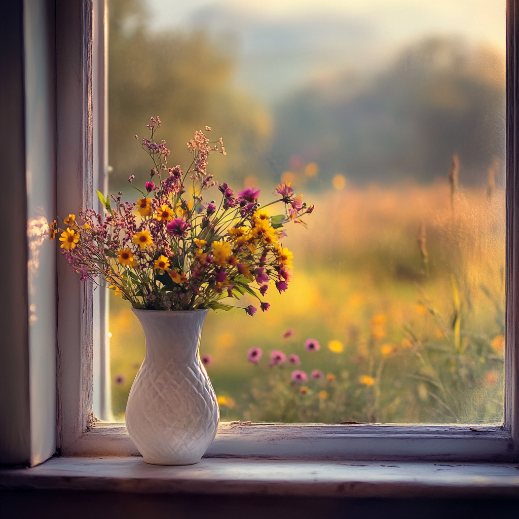 White Vase Of Wildflowers In The Window Diamond Art Kit
