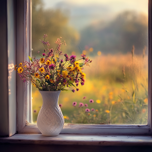 White Vase Of Wildflowers In The Window Diamond Art Kit