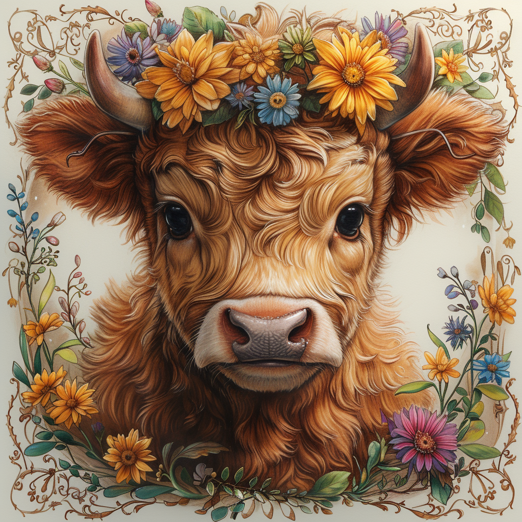 Highland Calf In Flowers Diamond Art Kit