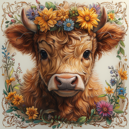 Highland Calf In Flowers Diamond Art Kit
