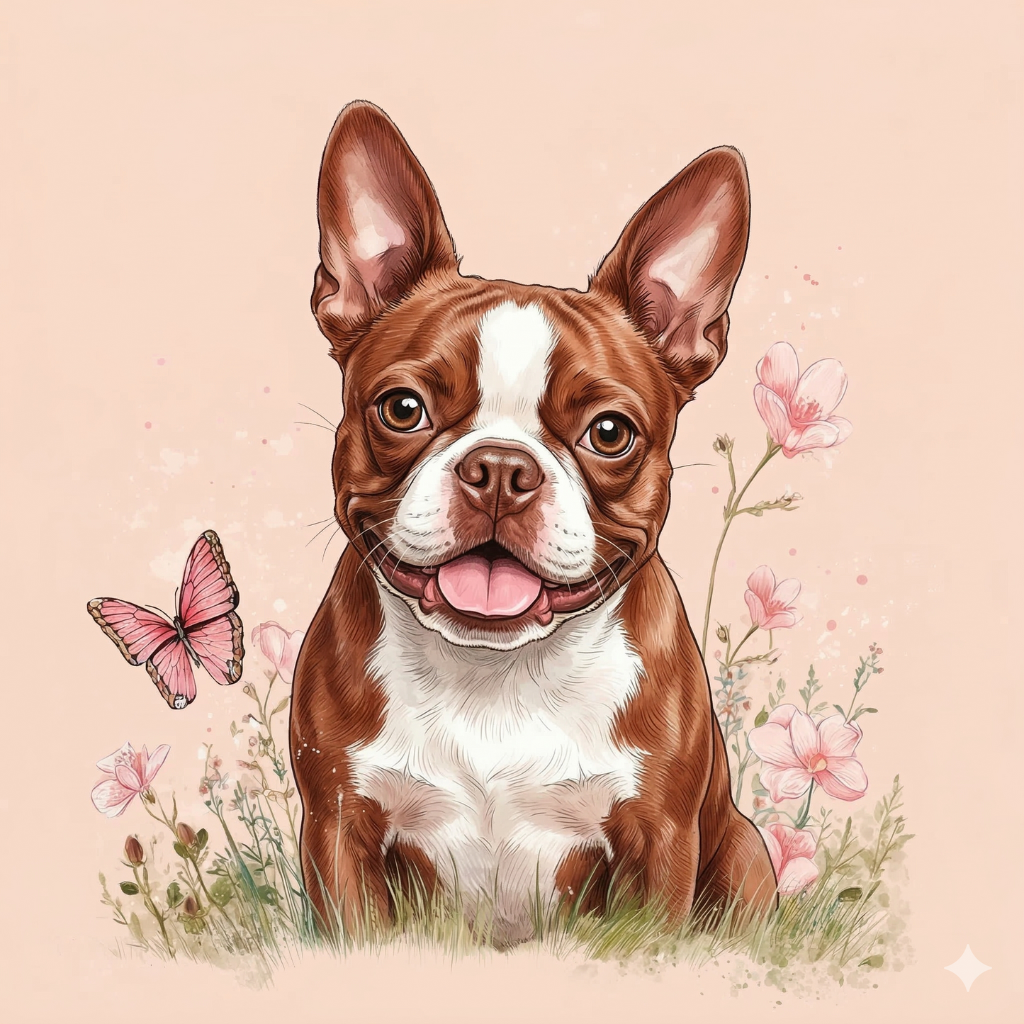 Pink Background Red Boston Terrier And Butterfly Diamond Art Kit