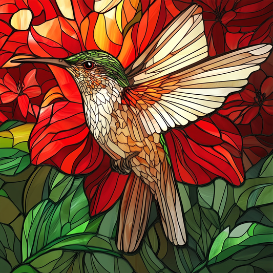 Red Flower Abstract Hummingbird Diamond Art Kit