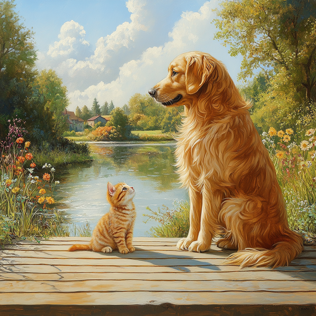 Striped Kitten And Retriever Water Diamond Art Kit