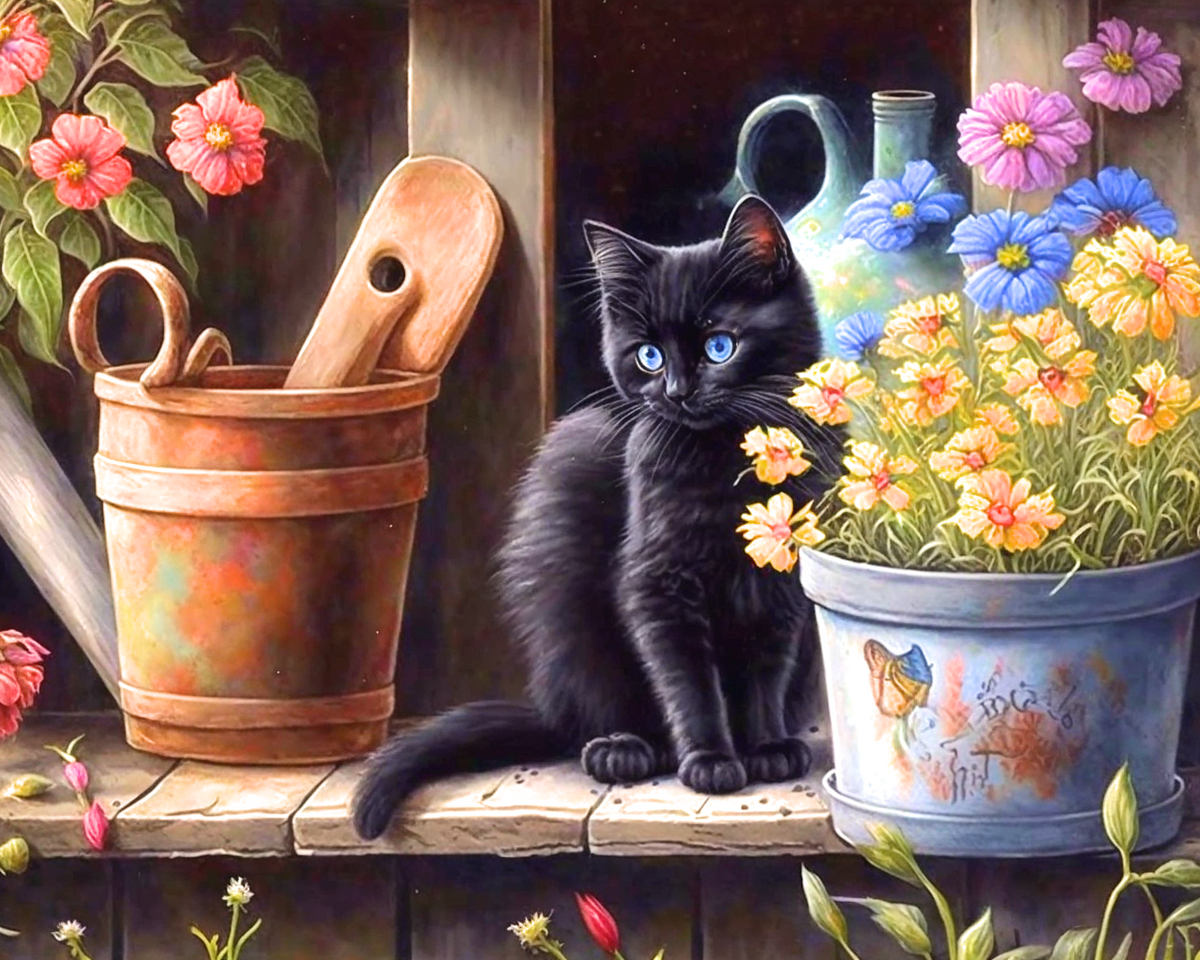 Black Kitten Flowers Diamond Art Kit