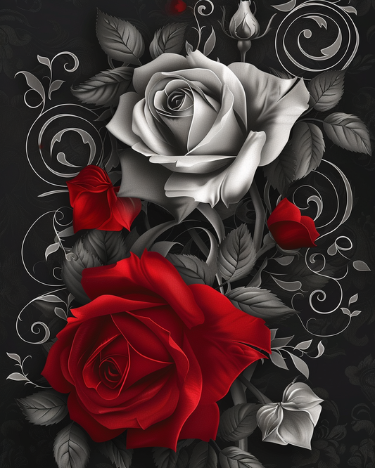 Red And White Grayscale Roses Diamond Art Kit