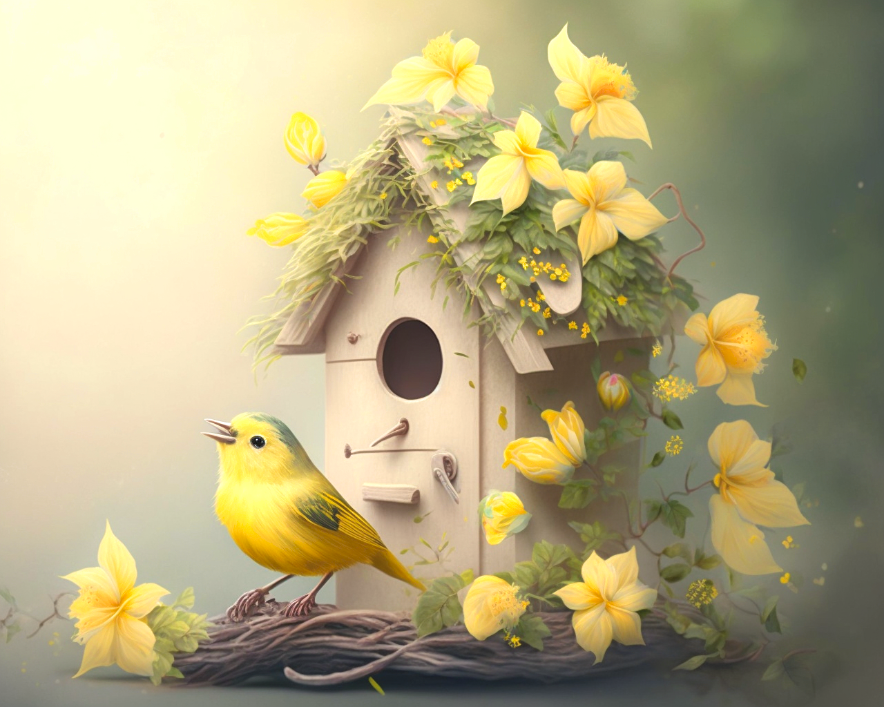 Yellow Bird Bird Flower Birdhouse Diamond Art Kit