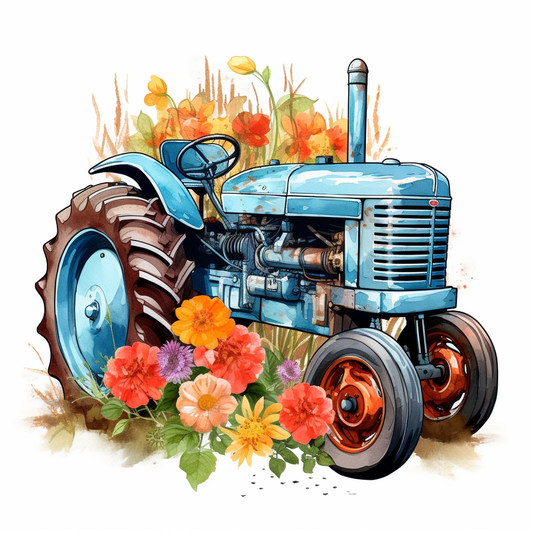 Blue Tractor In Flowers Diamond Art Kit