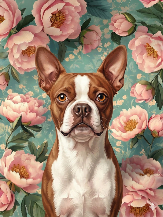 Pink Peony Red Boston Terrier Diamond Art Kit