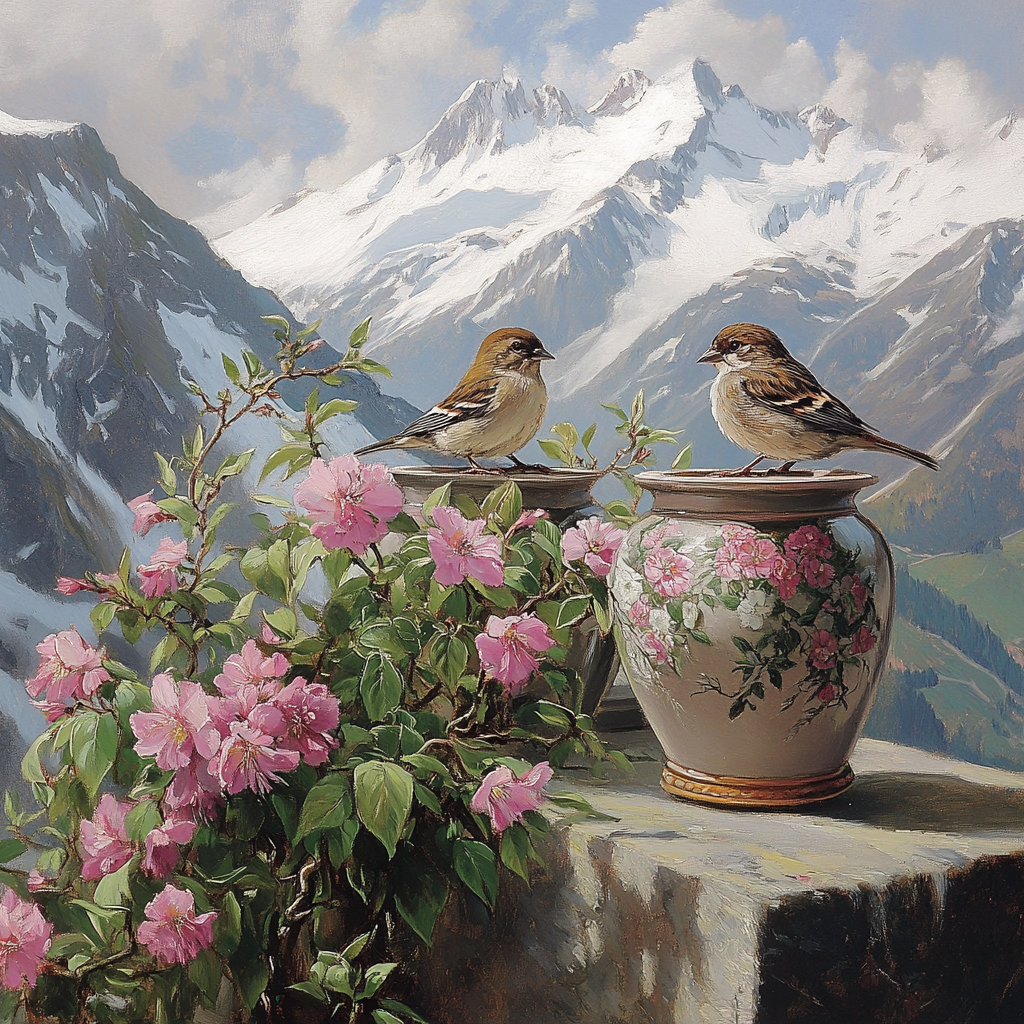 Pink Flowers By Vases Birds Diamond Art Kit