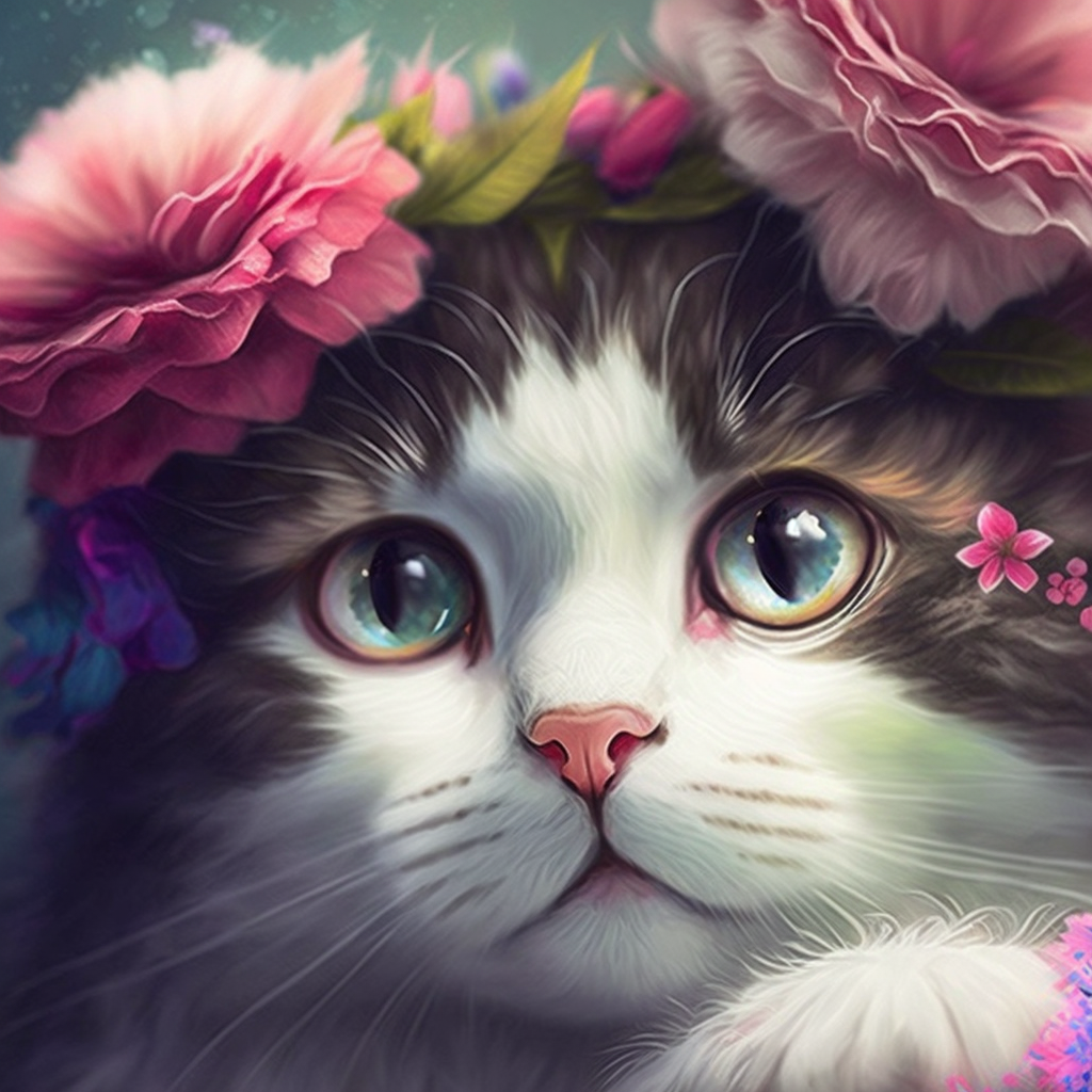 Pink Flower Crowned Cat Diamond Art Kit