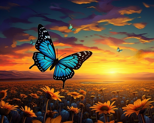 Blue Butterfly Sunflower Field Diamond Art Kit