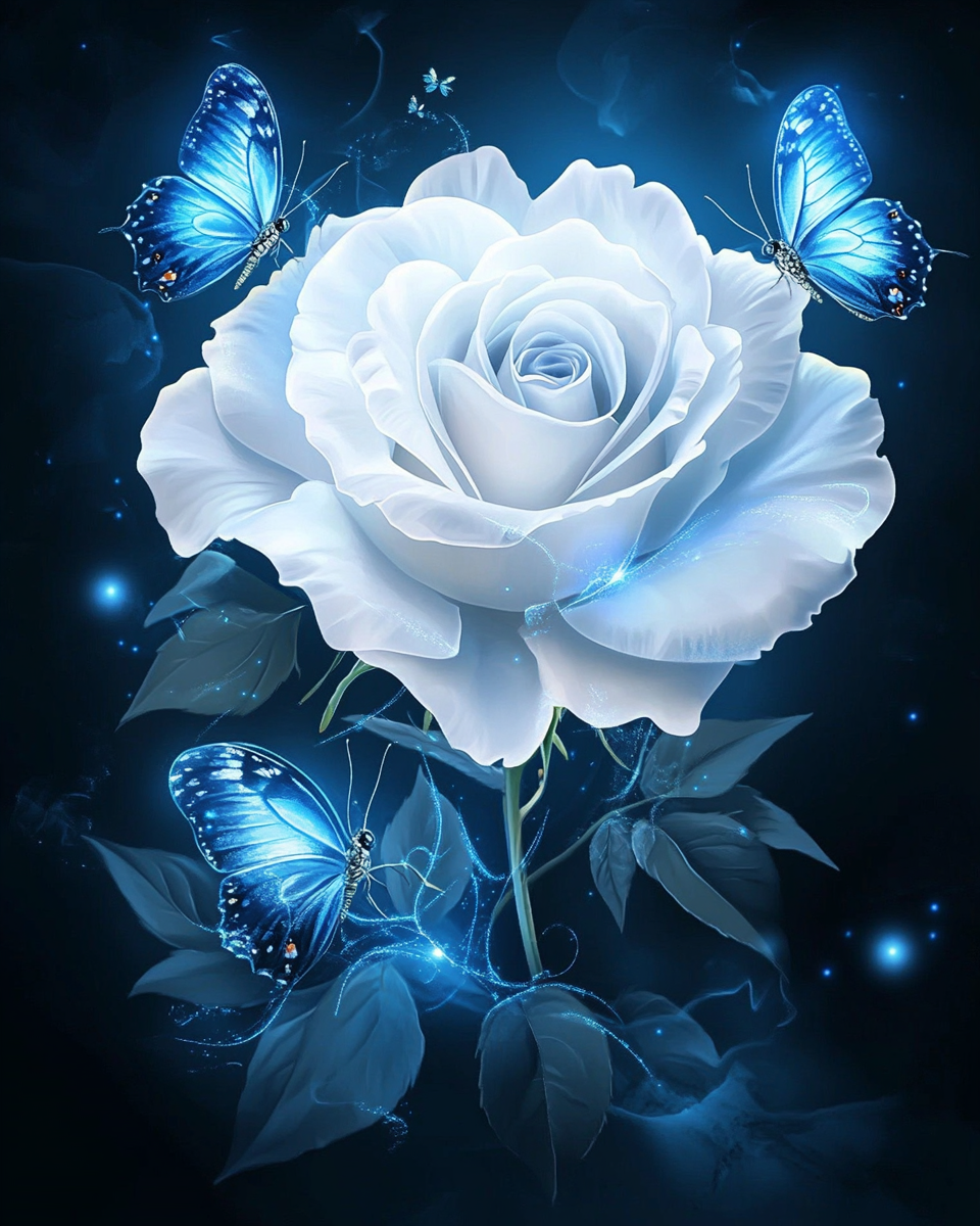 Glowing Blue Butterflies White Rose Diamond Art Kit