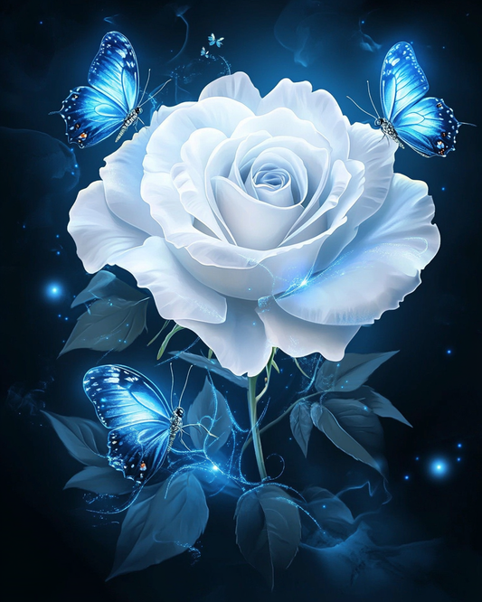Glowing Blue Butterflies White Rose Diamond Art Kit