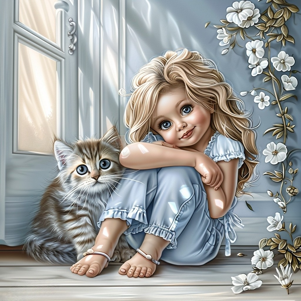 Blue Pant Girl Kitten Diamond Art Kit