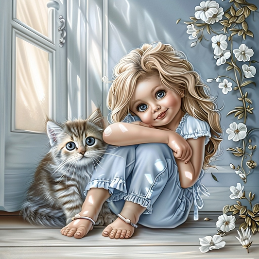 Blue Pant Girl Kitten Diamond Art Kit