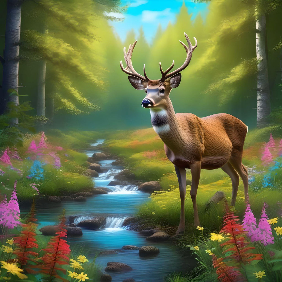 Flower Along The River Deer Diamond Art Kit